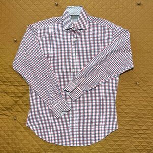 Men's Thomas Dean Red and Blue Checkered Dress Shirt Size Medium